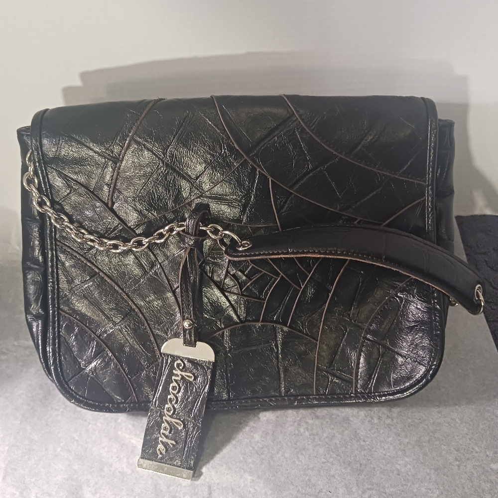 Chic Edgy Black Leather Look Purse Shoulder Bag with Chains